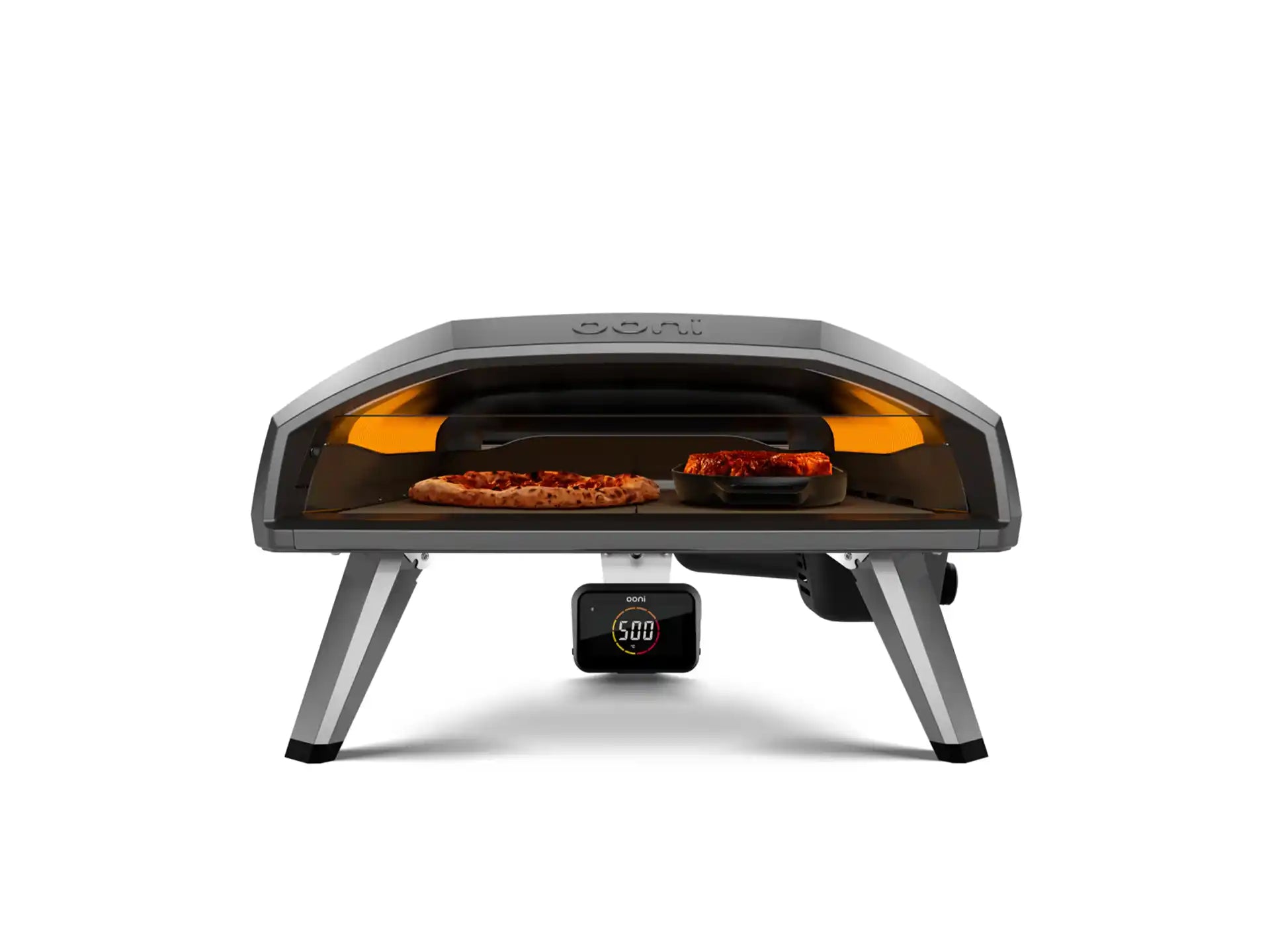 Ooni Koda 2 Pro pizza oven op gas, vooraanzicht met dubbele brander en brede opening, productfoto op witte achtergrond.