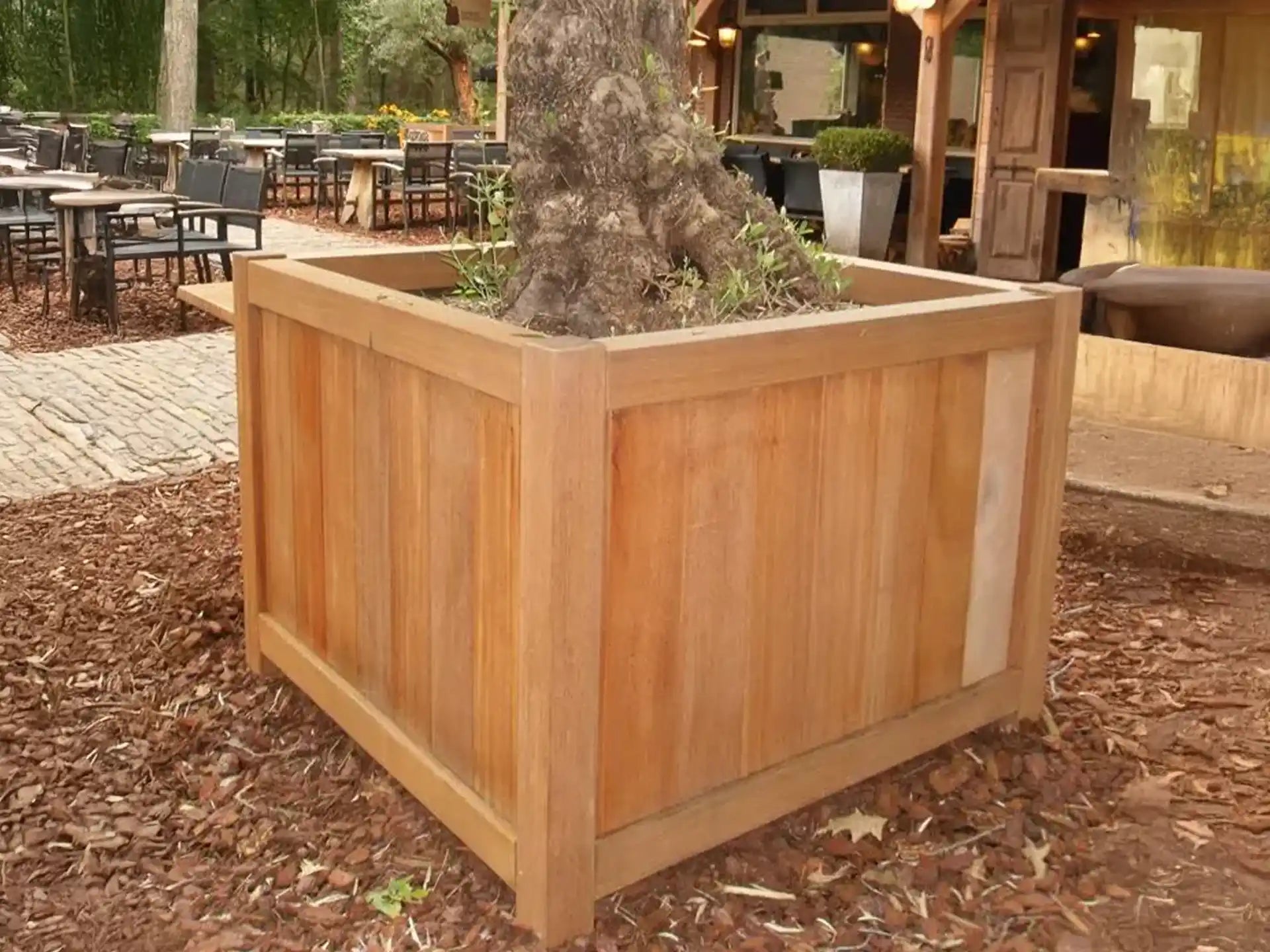 Close-up van een Adezz Valencia hardhouten plantenbak vierkant op poten, gevuld met een grote boom op een terras.