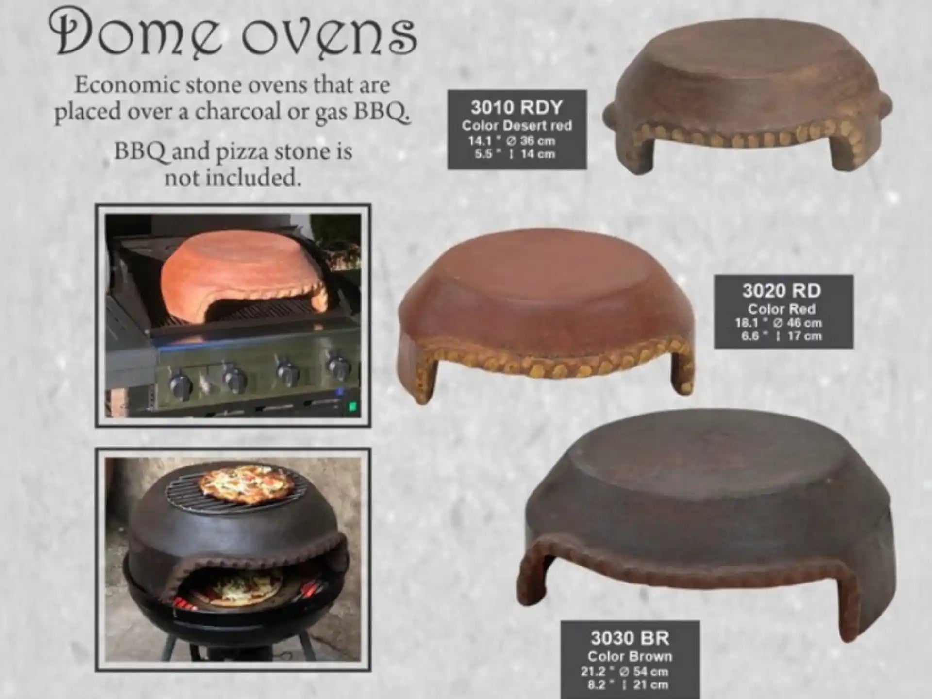 Sol-y-Yo stenen koepeloven Pizza Dome ø54 cm, overzichtsfoto met verschillende modellen en kleuren, geschikt voor gebruik op BBQ.