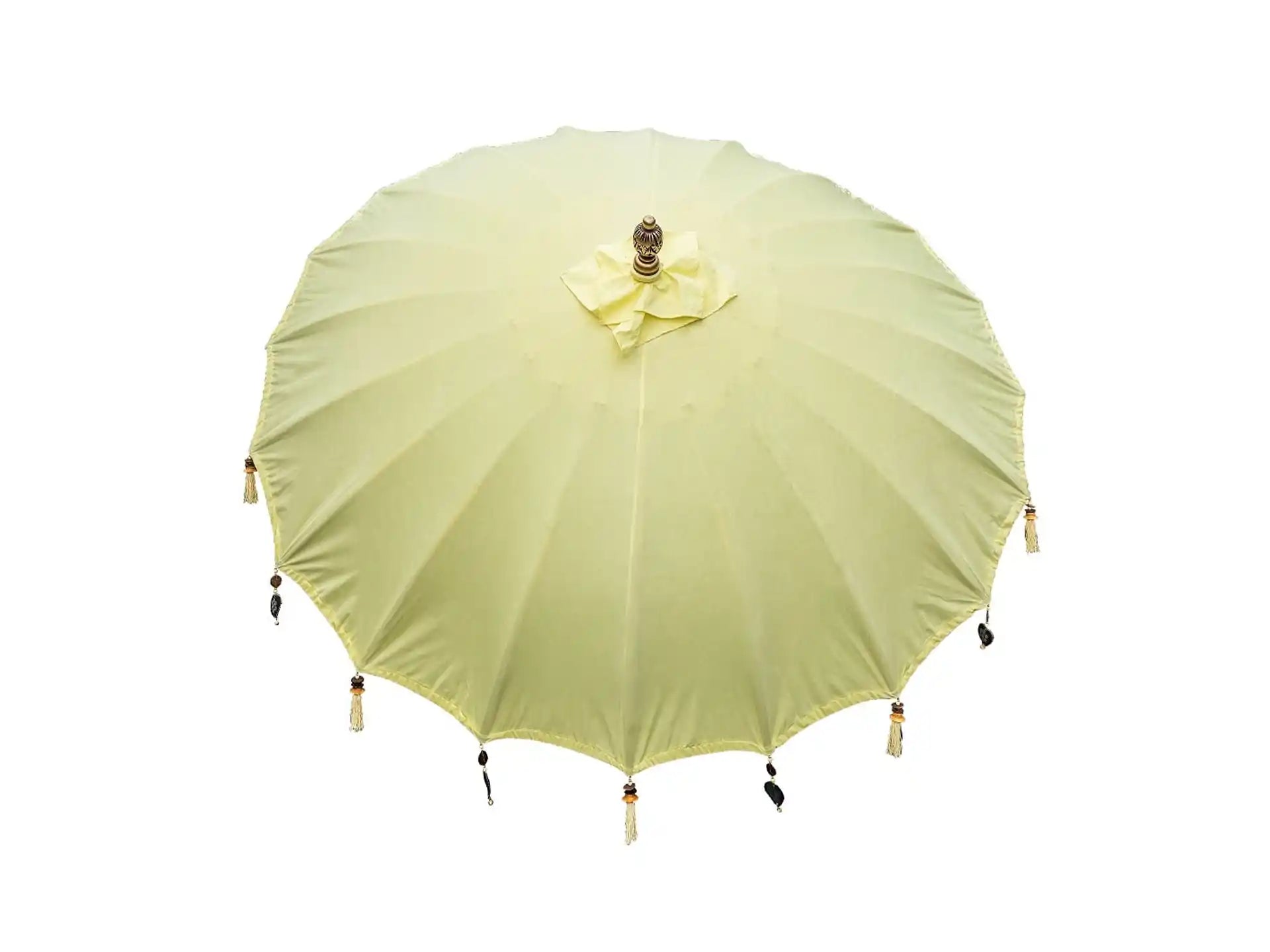 Bovenaanzicht van de Todo Bien Bali parasol geel met strak gespannen doek en decoratieve afwerking.