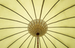 Onderzijde van de Todo Bien Bali parasol geel met decoratief geweven patroon en houten baleinen, sfeervol zomers detail.