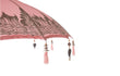 Detailfoto van de roze Bali parasol van Todo Bien met zilveren handbeschildering en decoratieve hangers.