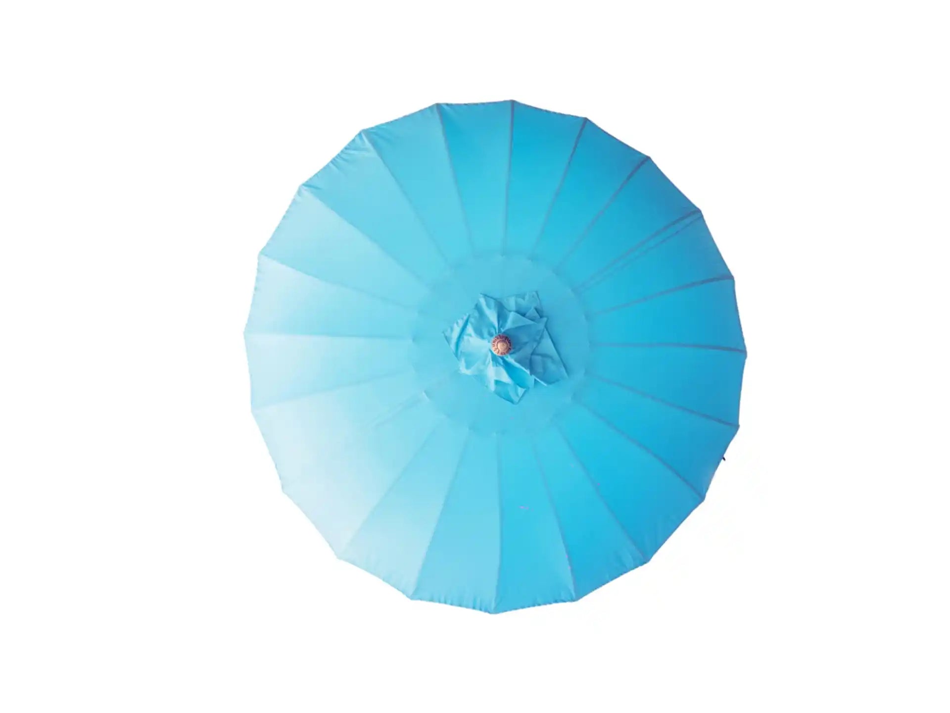 Bovenaanzicht van de Todo Bien Bali parasol in zeeblauw, volledig geopend met strak gespannen doek en decoratieve afwerking.